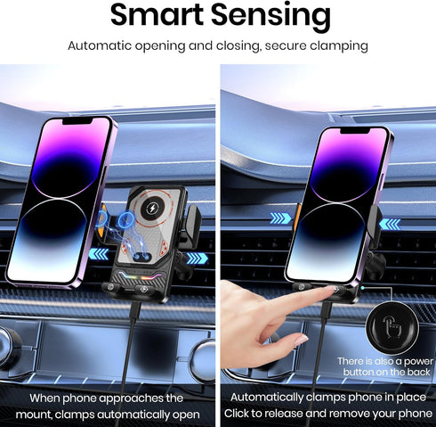 Keledz Wireless Car Phone Charger Holder, Smart Auto-Clamping Fast Charging Car Phone Holder with Atmosphere Lights