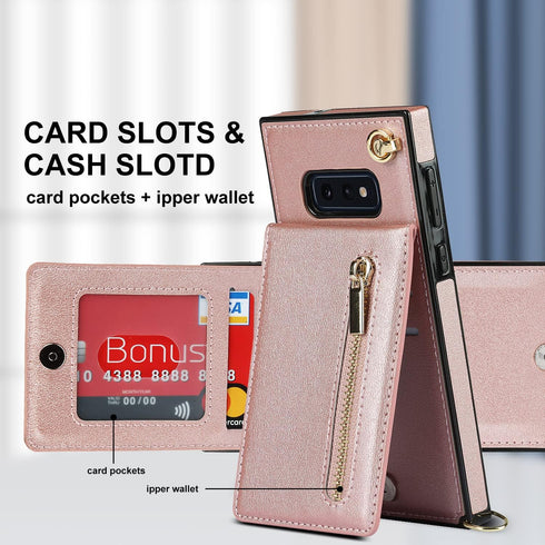 Samsung Galaxy S10e Wallet Cover, Pink, with Crossbody Strap, Leather Card Holder, Flip Cases, Kickstand