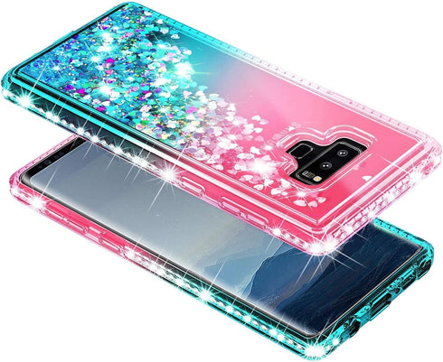 Case for Samsung Galaxy Note 9 with Screen Protector, Pink/Aqua, Sparkle Glitter Flowing Liquid, Ring Holder/Wrist Strap