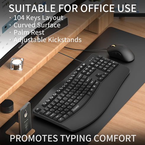 RECCAZR Ergonomic Keyboard, Wired Computer USB Keyboard with Wrist Rest, Spill-Resistant, Wave Keys for Natural Typing