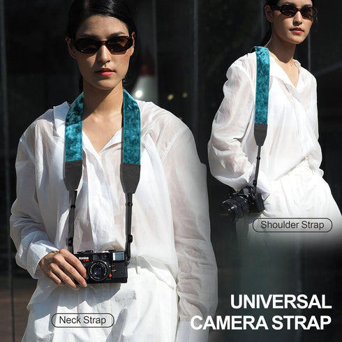 Padwa Lifestyle Velvet Camera Strap - 2" Wide Full Grain Cowhide Head Soft Velvet Straps for Photographers,Complimentary 2 Pcs Quick Release for All DSLR,Mirrorless Cameras,Binoculars - Peacock Blue