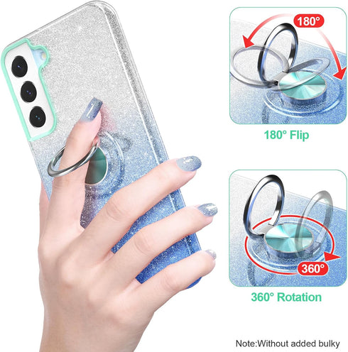 Galaxy S23 Case, Slim Fit Glitter Sparkly Case with 360°Ring Holder Kickstand Magnetic Car Mount Shock-Absorbent Protective Durable Cover for Galaxy S23 6.1" for Girls Women,Blue