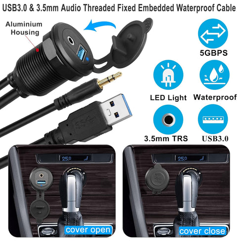 QIANRENON USB3.0 & 3.5mm Audio Threaded Fixed Embedded Car Waterproof Cable 5Gbps TRS 3.5mm & USB3.0 Dashboard Panel Mount Extension Cable, LED Lights, Al Housing, for Car Boat Motorbike,2M/6.5ft