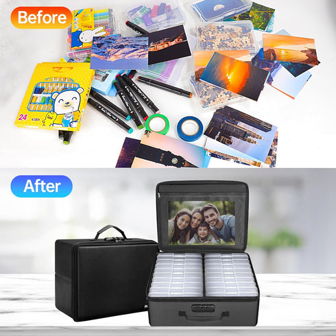 ENGPOW Photo Storage Box with 18 Inner 4" x 6" Photo Case, Fireproof Organizer Box with Lock, Collapsible Portable