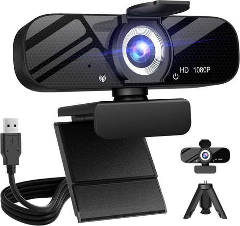 Full HD Webcam with Built-in Microphone, Rotatable Tripod, 1080P Video, Wide Angle Camera for Desktop PC or Laptop