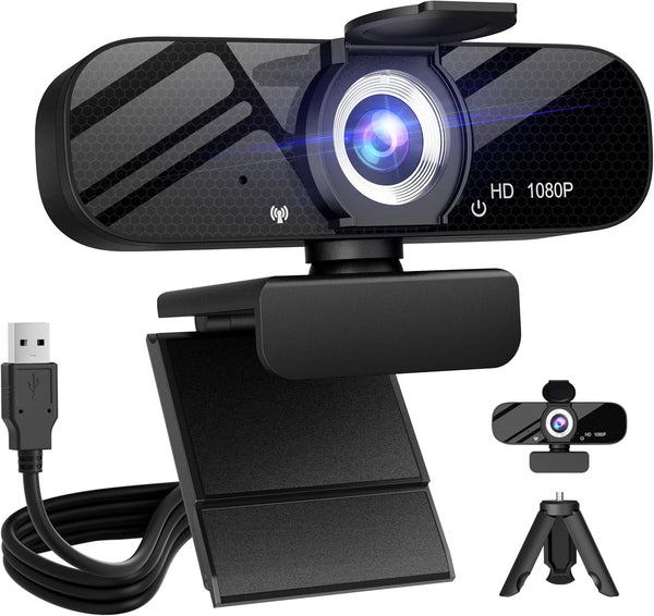 Full HD Webcam with Built-in Microphone, Rotatable Tripod, 1080P Video, Wide Angle Camera for Desktop PC or Laptop