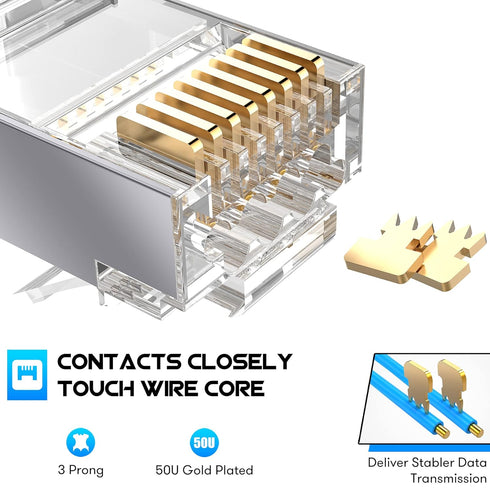 Shielded RJ45 Cat6A Cat7 Pass Through Connectors, 3 Prong 8P8C Gold Plated Modular Data Plug (30 Pack)