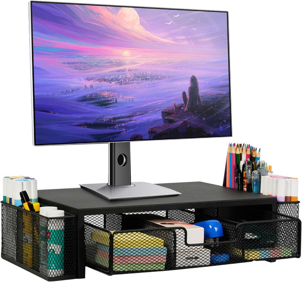 Qupui Computer Monitor Stand Riser with Drawer and Pen Holders, Desk Organizer
