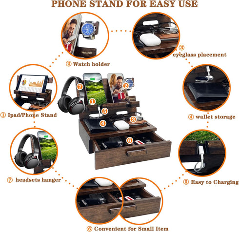 Gifts for Men Women Nightstand Organizer, Wood Phone Docking Station for Birthday, Mother's Day, Christmas, Walnut