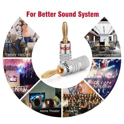 WGGE WG-009 Banana Plugs Audio Jack Connector, 6 Pairs / 12 pcs, 24k Gold Dual Screw Lock Speaker Connector for Speaker
