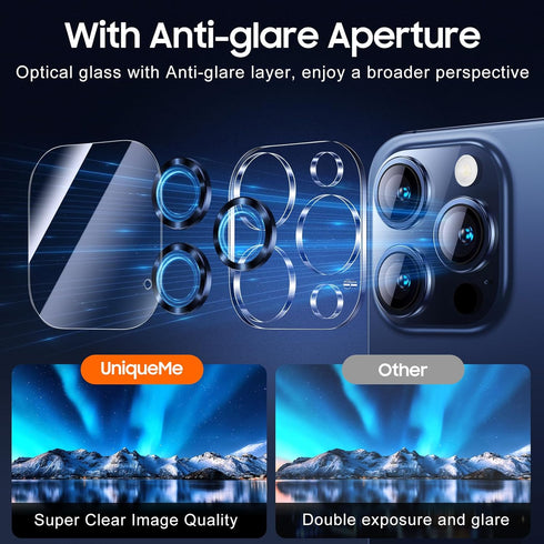 UniqueMe 3 Pack iPhone 15 Pro/Pro Max Camera Lens Protector, 9H Tempered Glass, Drop Protection, Case Friendly - Blue