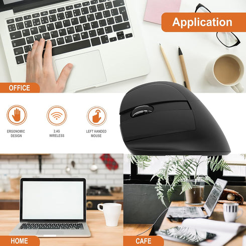 J-Tech Digital Left Handed Wireless Ergonomic Vertical Mouse, Black, for Small Hands, 4 DPI, USB Nano Transceiver, AA