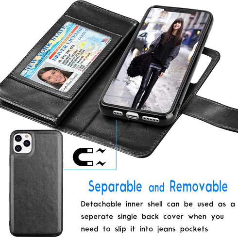 Tekcoo Wallet Case for iPhone 11 Pro, Luxury ID Cash Slots Holder, Black Detachable Magnetic