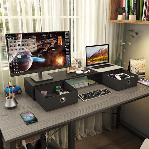 2 WESTREE Dual Monitor Stand Riser with Two Drawers, Extra Large Storage Monitor Stand for Monitors, Desktop Oraganizer