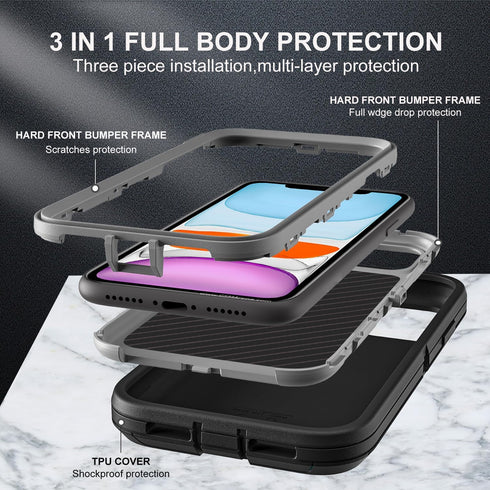 iPhone 11 Case - Heavy Duty 3 in 1 Military Grade Shockproof/Dust Proof with 2 Tempered Glass Protectors (Black/Grey)