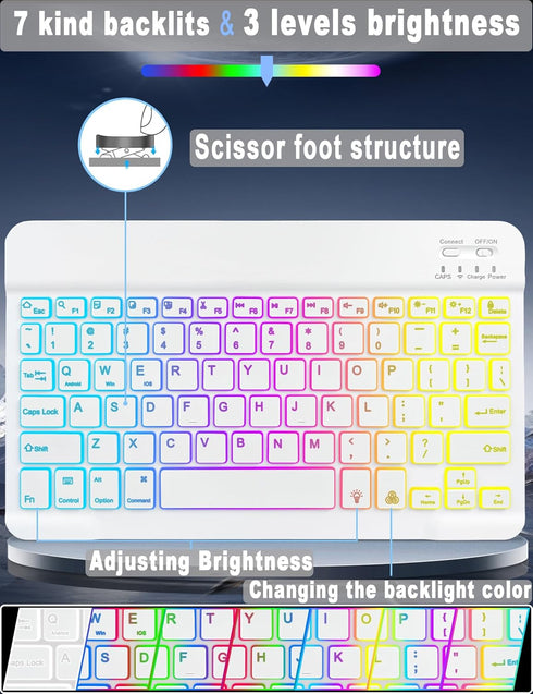 Universal Tablet Keyboard Case with 7 Color Rainbow Backlit Removable Keypad for 9.7"-11" Tablets (Pink)