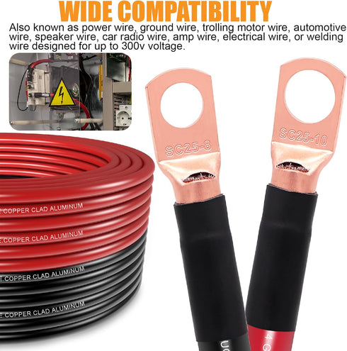 4 Gauge Wire (25ft Black + 25ft Red) Copper Clad Aluminum CCA, 20PCS Lugs, 20PCS Heat Shrink Tubing, 100A ANL Fuse