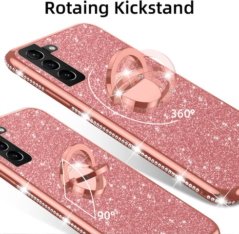 Samsung Galaxy S21 FE Case for Women, Cute Glitter Luxury TPU Silicone Slim Phone Case with Bling Diamond Ring Stand -