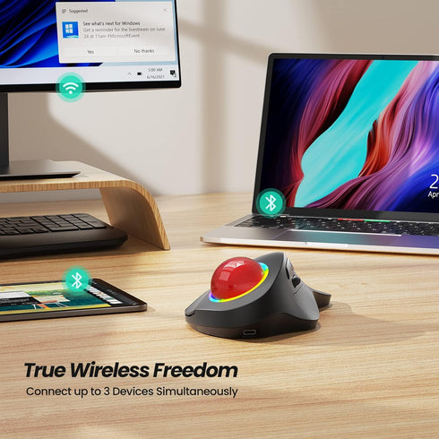 Nulea M505B Wireless Trackball Mouse - Rechargeable Ergonomic RGB Rollerball Mouse, 5 Adjustable DPI, 3 Device