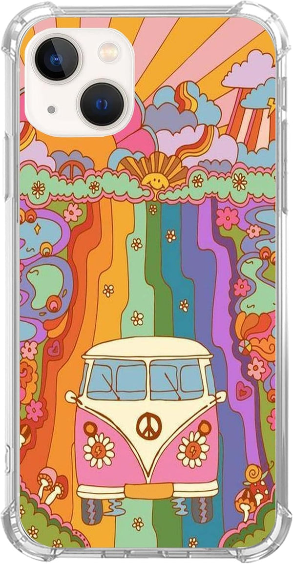 Retro 70s Flowers Rainbow Sunrays Phone Case for iPhone 14 - Hippie Peace Sign Bus Cover