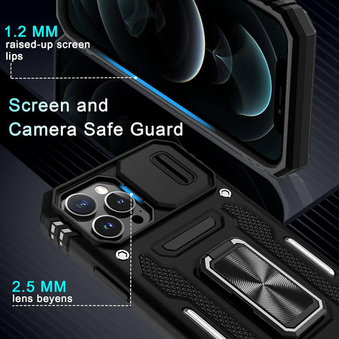 DEERLAMN iPhone 12 Pro Max Case, 6.7" Military Grade Shockproof, Slide Camera Cover, Screen Protector, Kickstand - Black
