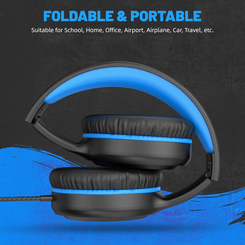 Over Ear Wired Blue Headphones for Boys, Folding Corded Stereo Headphones for Youth, Compatible with Computer PC