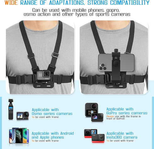 Phone Chest Strap Mount for POV/VLOG Videos, Chest Harness Holder Compatible with iPhone 13 12 11Pro Max Plus, Samsung