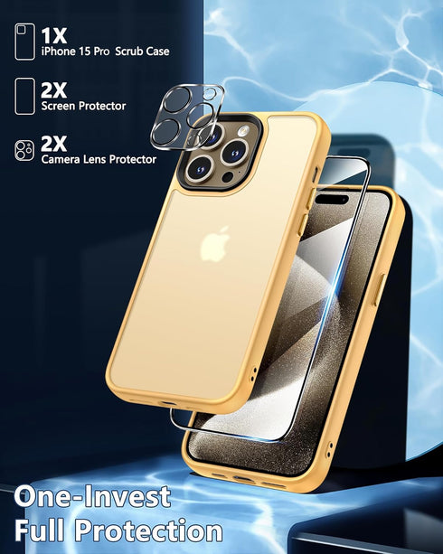 Dssairo iPhone 15 Pro Case: 5-in-1 with 2X Screen & Camera Lens Protectors, 15FT Military Grade, Matte Yellow.