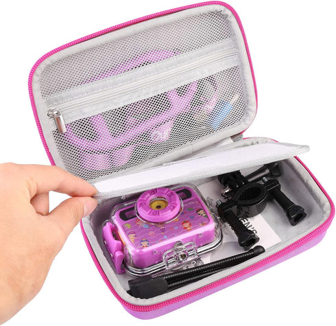 Ourlife Kids Camera Bag Hard Travel Case Protective Case for Digital Camera Kids Action Camera Accessories Case for Toddler Cameras, Memory Card and USB Cable (purple)