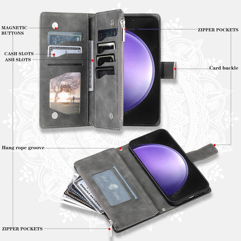 Phone Case for Samsung Galaxy S23 FE 5G Wallet Cover With Tempered Glass Screen Protector and Wrist Strap Mandala Flower Flip Zipper Credit Card Holder Cell S 23 EF S23FE5G S23FE G5 Women Grey