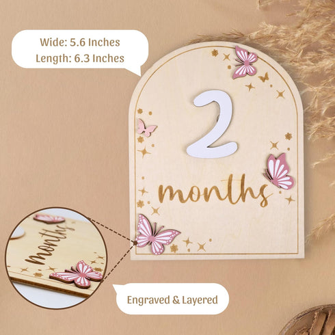 Monthly Baby Milestone Wooden Circle Sign, Newborn Gift for Girl and Boy, 1-12 Months (Butterfly)