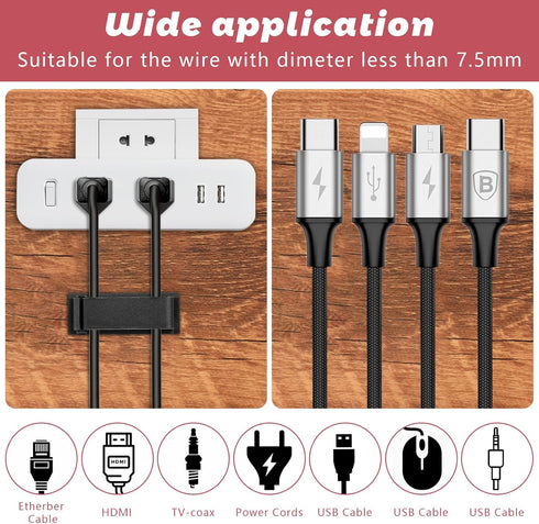 Cable Management Clips, 20 Pcs Black Self-Adhesive Wire Organizers for TV PC Ethernet Cable Under Desk