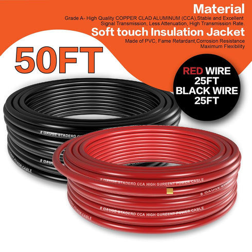 8 Gauge Wire (25ft Each - Red/Black), Copper Clad Aluminum CCA, Car Amplifier Power & Ground Cable