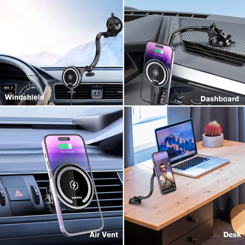 Magsafe Car Mount Wireless Charger for iPhone 16/15/14/13, Fast Charging Magnet Phone Holder with Gooseneck Long Arm