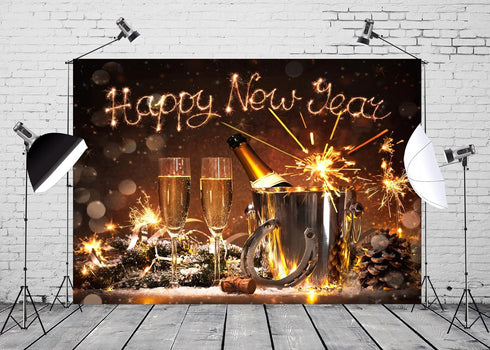 BELECO 5x3ft Fabric Happy New Year Backdrop 2025 New Years Eve Decorations Banner Champagne Fireworks Bokeh
