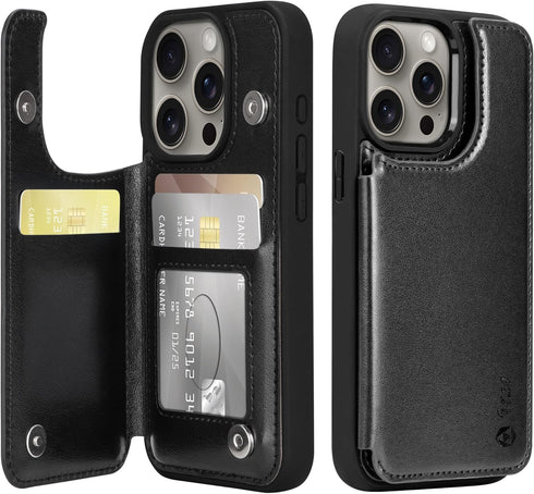 Arae Wallet Case with Card Holder for iPhone 15 Pro - Compatible for iPhone 15 Pro 6.1 inch, Black PU Leather Back Flip