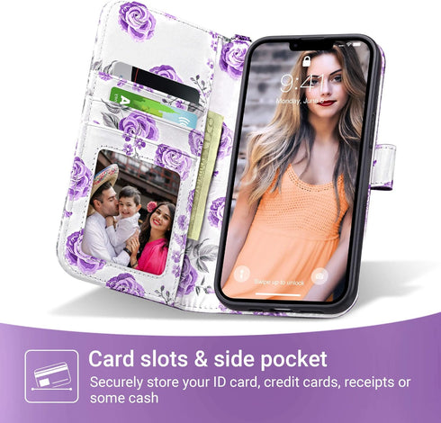 ULAK Compatible with iPhone 13 Wallet Case for Women, Premium PU Leather Flip Cover with Card Holder, Kickstand Feature Protective Purse Case for iPhone 13 6.1 Inch, Purple Glitter