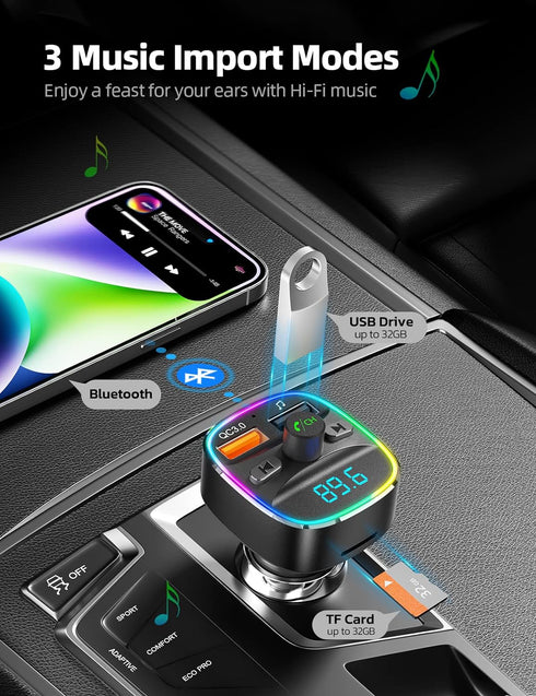 Nulaxy Bluetooth FM Transmitter for Car, Dual USB Charging Adapter with Hands-Free Calling and 7 Colors LED