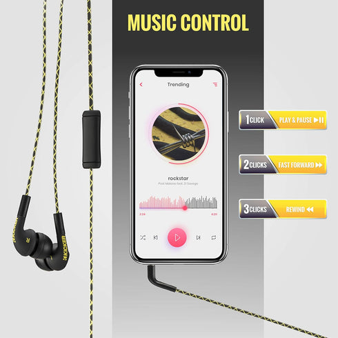 KICKER 46EB74 Wired Earbuds | Stereo Monitor Headphones with Noise-Isolating Ear Tips | In-Line Mic & Multi-Function