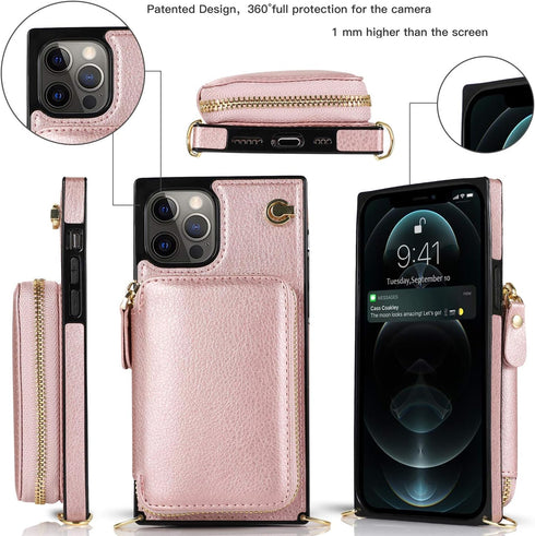 Asuwish iPhone 12 Pro Max Wallet Case: Leather Flip Cover with Zipper Card Holder, Screen Protector, Stand - Rose Gold.