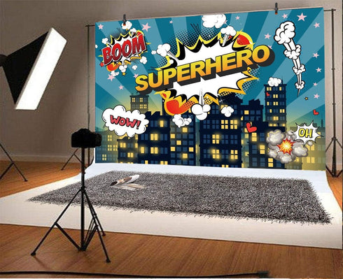 Haoyiyi 5x4ft Superhero City Backdrop, Dark Blue Sky Boom Cloud Background for Photography Activity Decoration