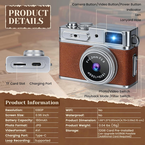 Tawd 1080P 32GB 0.96" Mini Keychain Camera - HD Retro Digital Camera, Compact with SD Card, HD Display, Portable Pocket