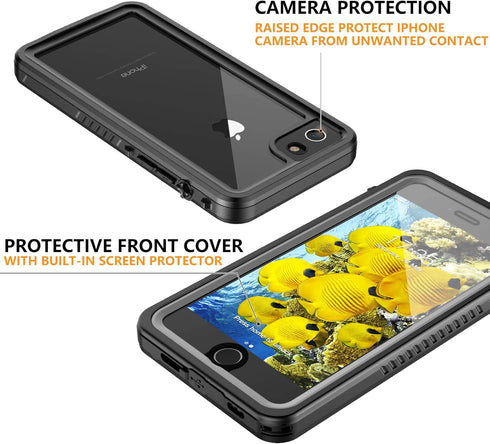 for iPhone SE 2022/SE 2020/iPhone 7/8 Waterproof Shockproof Case with Built-in Screen Protector Black/Clear