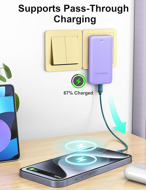 miisso Ultra Slim 10000mAh Power Bank - Built-in Cables, Foldable AC Wall Plug, Pocket Size USB C Portable Charger,