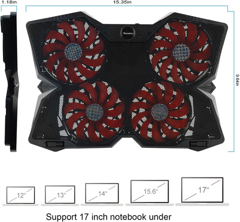 Portable Metal Mesh Laptop Cooler Pad, 4 Quiet Fans with Red LED Light, Adjustable Height, Black