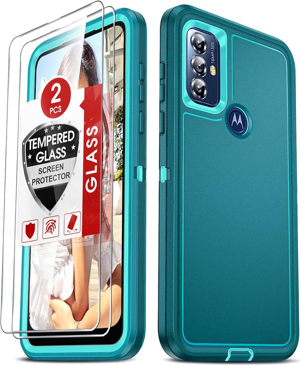 LeYi Moto G Play 2023 Case: Heavy Duty 3-in-1 Military Grade, Teal, with 2 PCS Tempered Glass Screen Protectors.