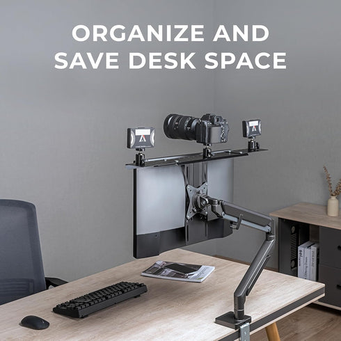 HumanCentric 100x100mm DSLR Monitor Mount Extra Large, Desk Camera Mounting, Light Webcam, Microphone Shelf for Monitor