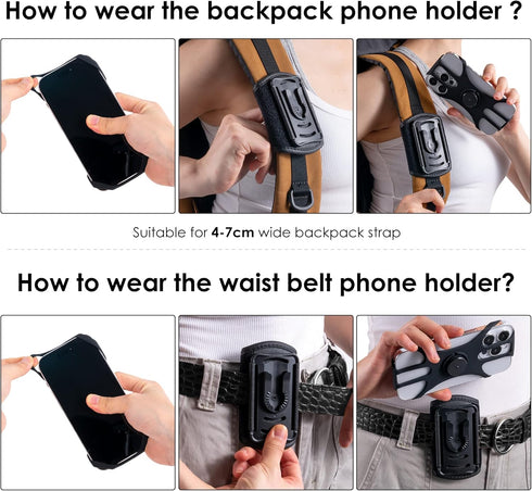 Backpack Phone Holder, 2 in 1 Clip for Backpack Strap, 360° Rotatable & Detachable Belt Holder for 4.5-7'' Phones