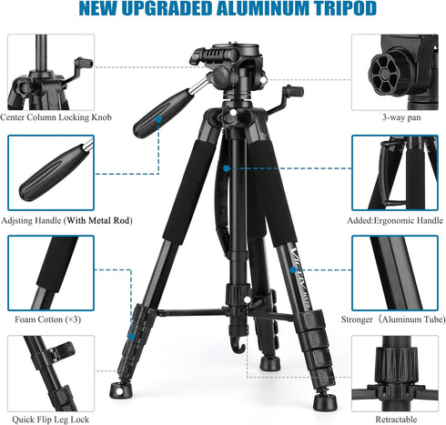 VICTIV 74” Camera Tripod, Heavy Duty Aluminum Stand for Camera and Phone, Compatible with DSLR, Carry Bag Included