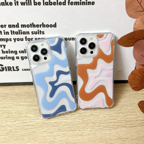 Cute Art Wavy Painted Phone Case for iPhone 14/13, Soft TPU Edge & PC Back, Shockproof Protection - Blue.